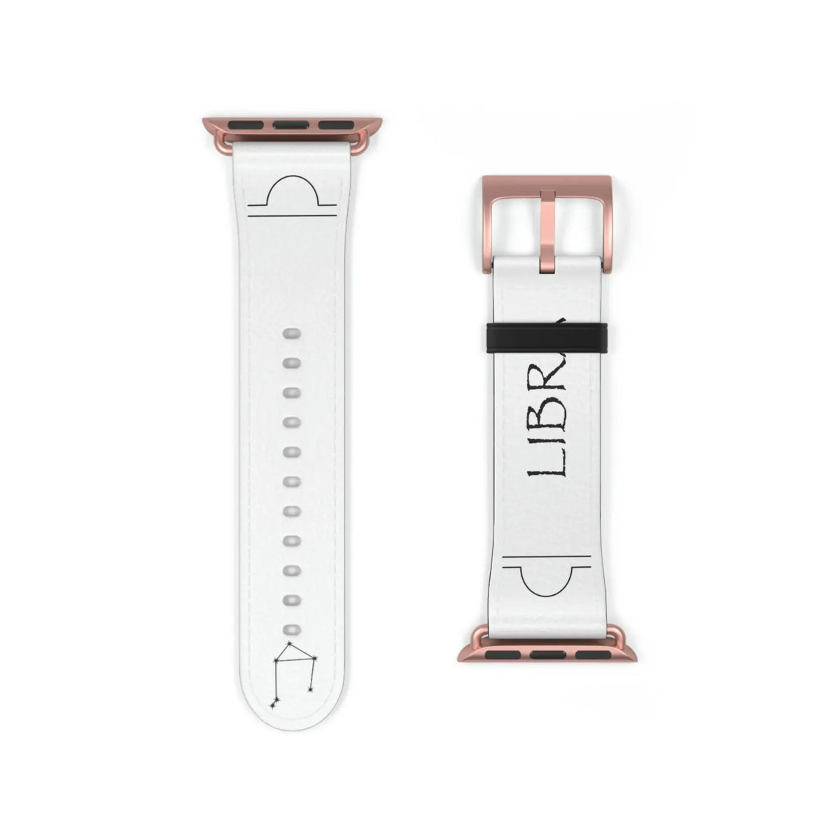 White Libra zodiac watch band with rose gold hardware and constellation design, astrology-themed accessory