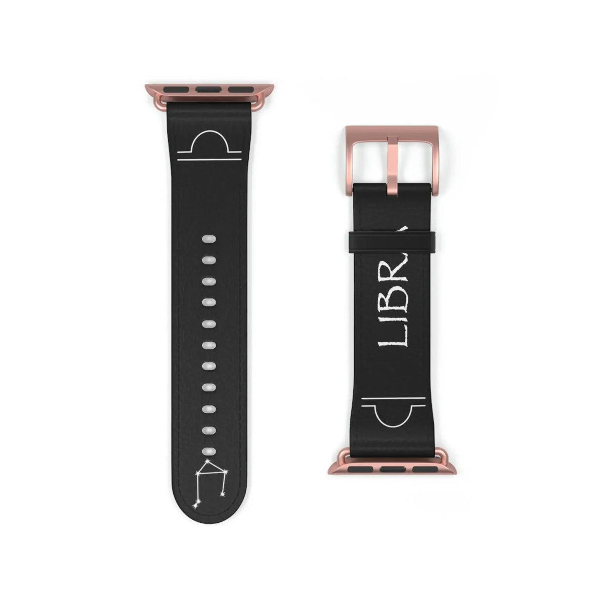 Black Libra zodiac watch band with rose gold buckle, featuring constellation and symbol design for astrology lovers