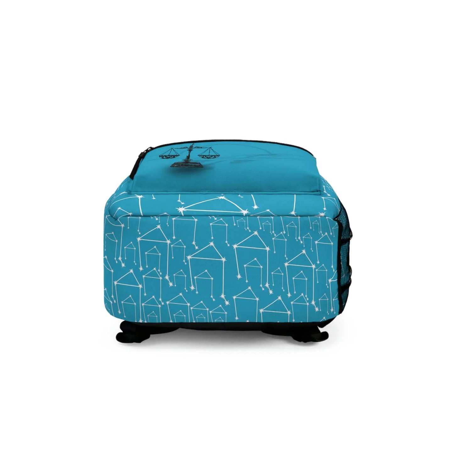 Bottom view of the light blue Libra Zodiac Backpack, showing the base construction.