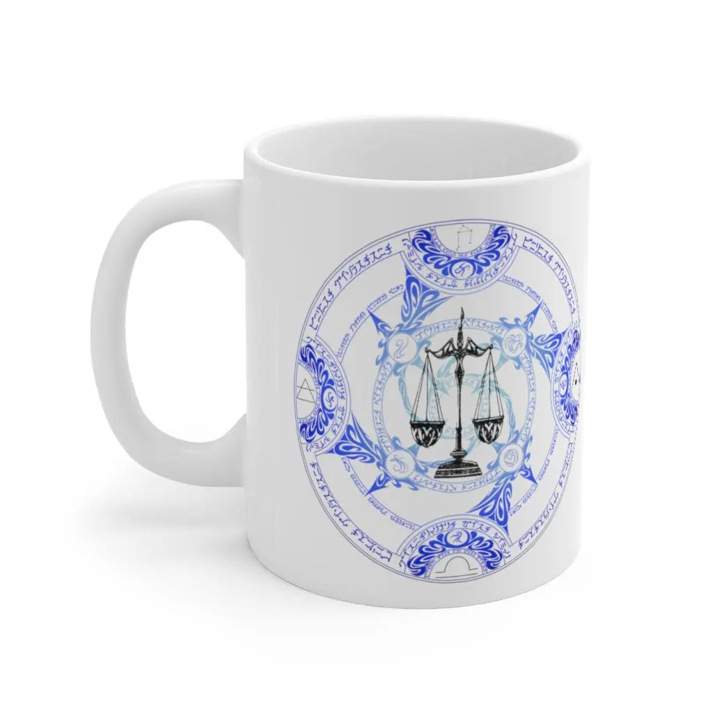 Libra Zodiac Mug - Right side with intricate light blue elemental sigil and Scales, clean white background.