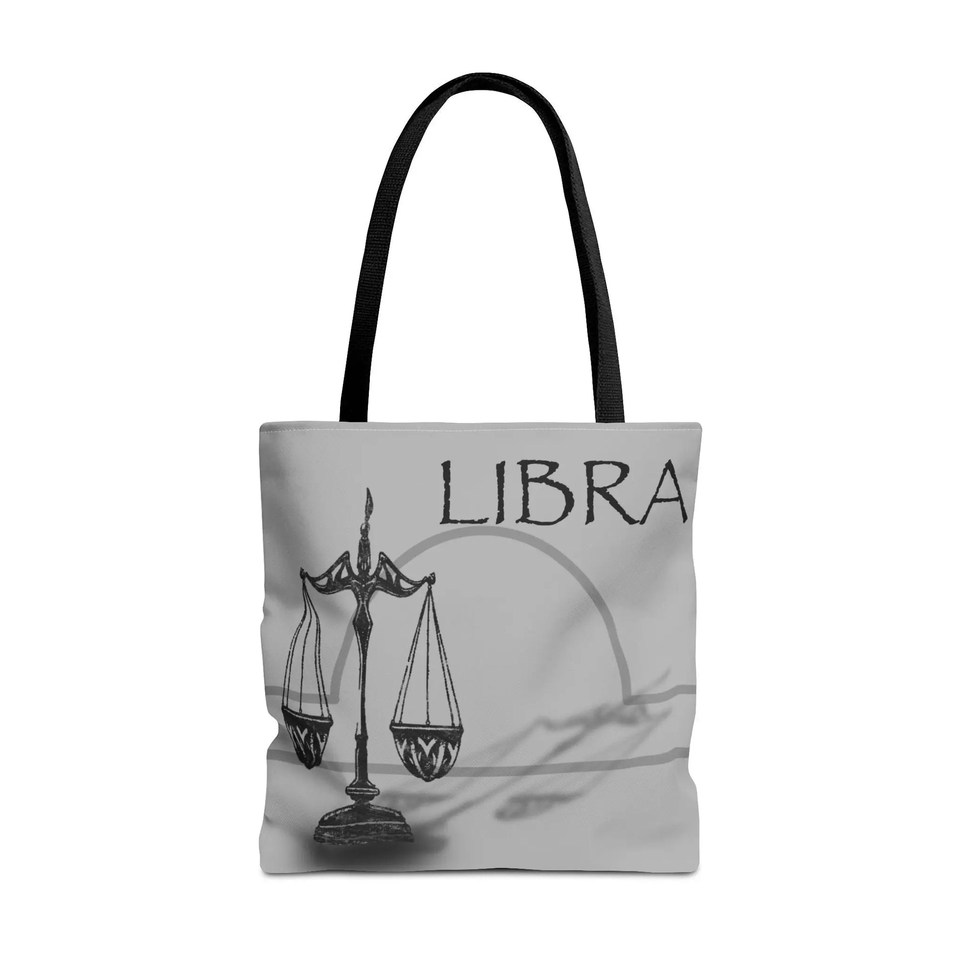 Libra Zodiac Tote Bag - Front view showing the scales emblem on a gray canvas.