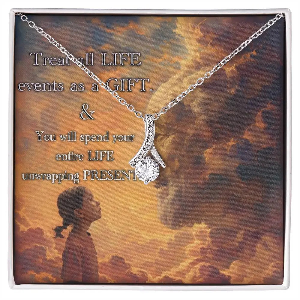 14k white gold finish "Life is a Gift" necklace in the mahogany-style luxury gift box.