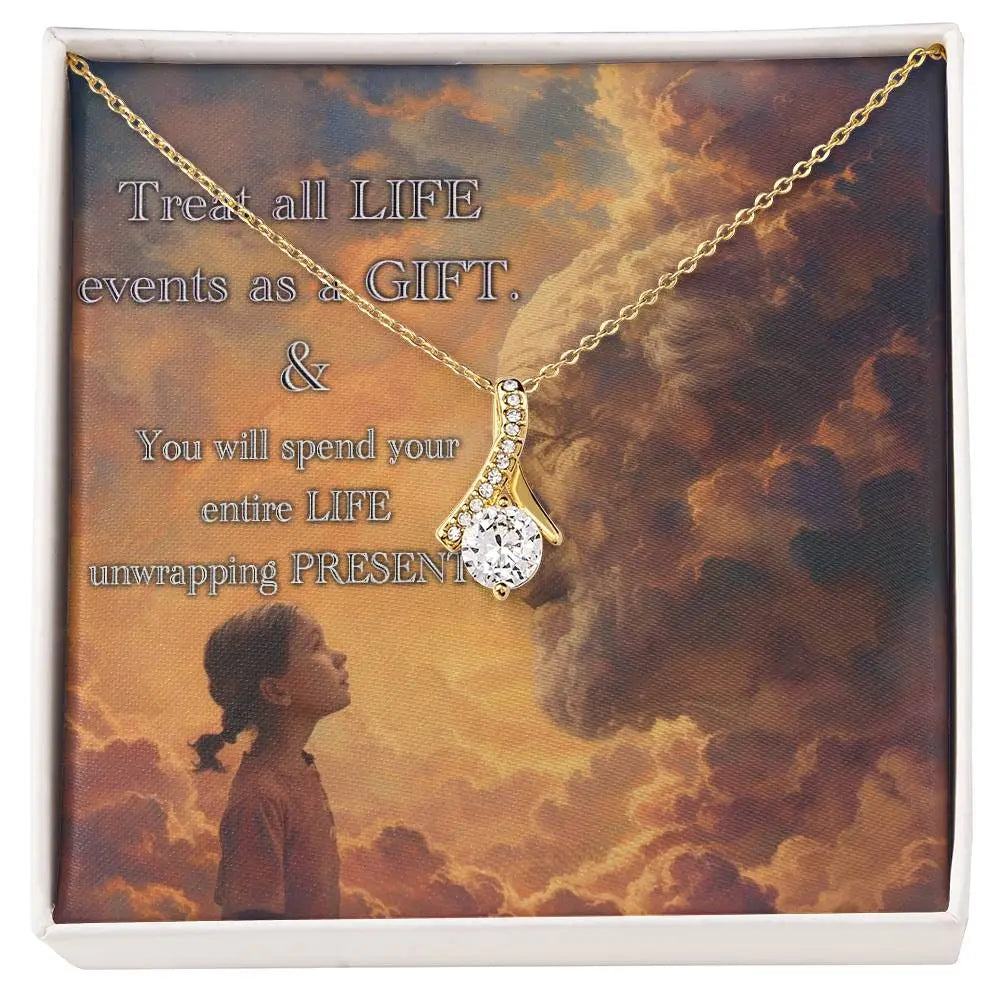 18k yellow gold finish "Life is a Gift" necklace in the standard gift box with message card.