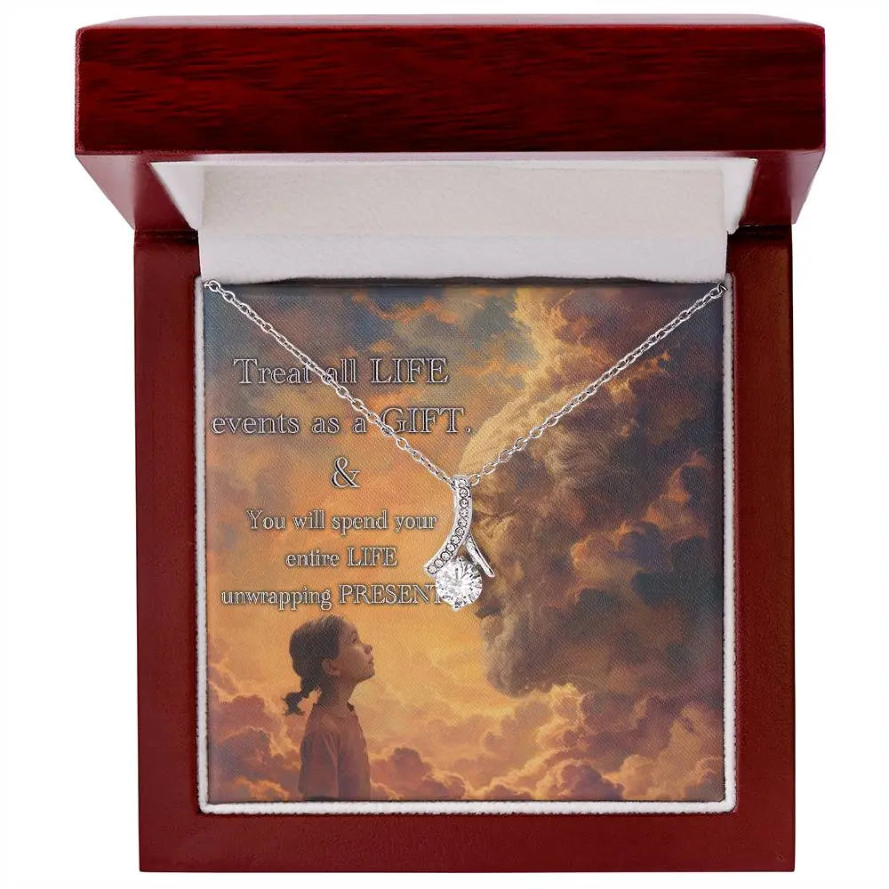 14k white gold finish "Life is a Gift" necklace in the mahogany-style luxury gift box.