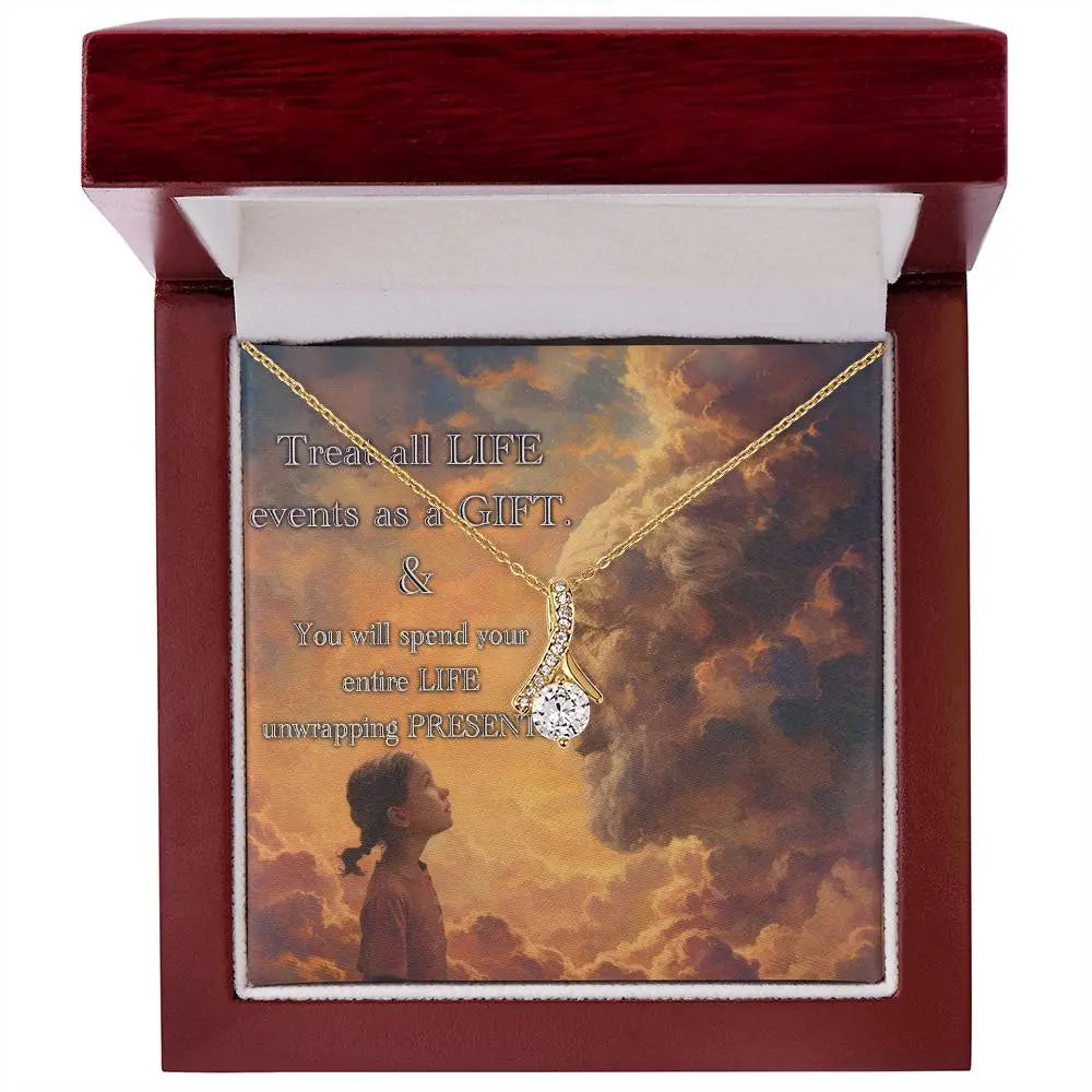 18k yellow gold finish "Life is a Gift" necklace in the mahogany-style luxury gift box.