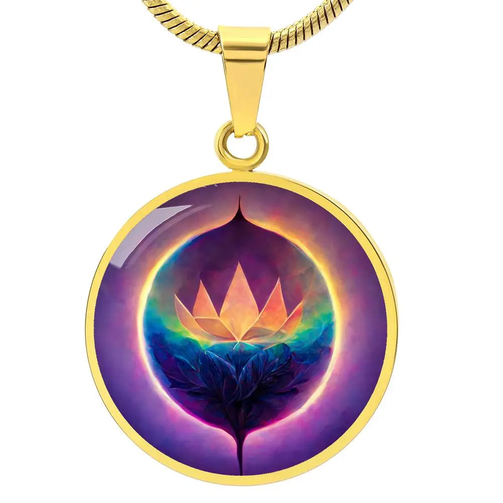 Gold Lotus Flower Pendant Necklace on a white background.