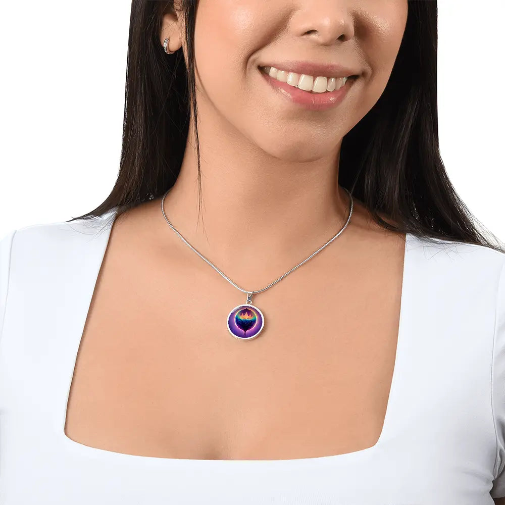Woman wearing the silver Lotus Flower Necklace to show scale