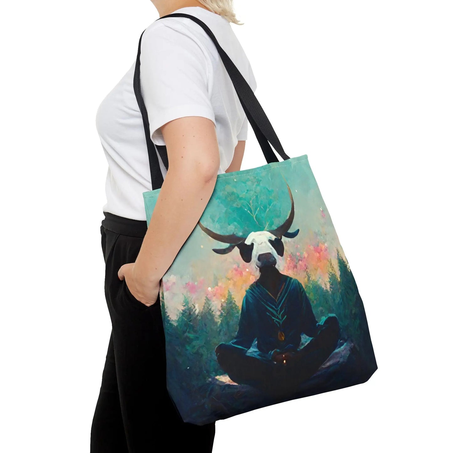 Woman carrying the Meditating Taurus Tote Bag over her shoulder.