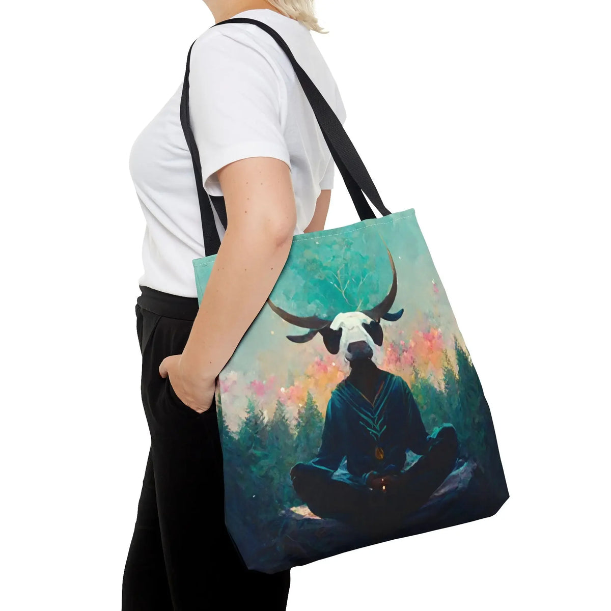 Mystical tote bag with meditating figure, antlers, and forest art for spiritual and chakra energy