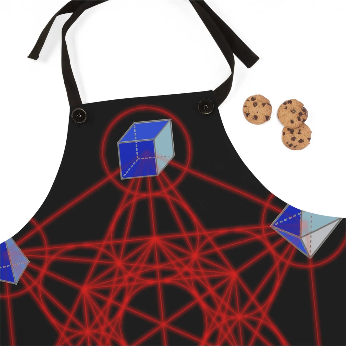 Close-up of the "Metatron's Cube" apron design next to cooking ingredients.