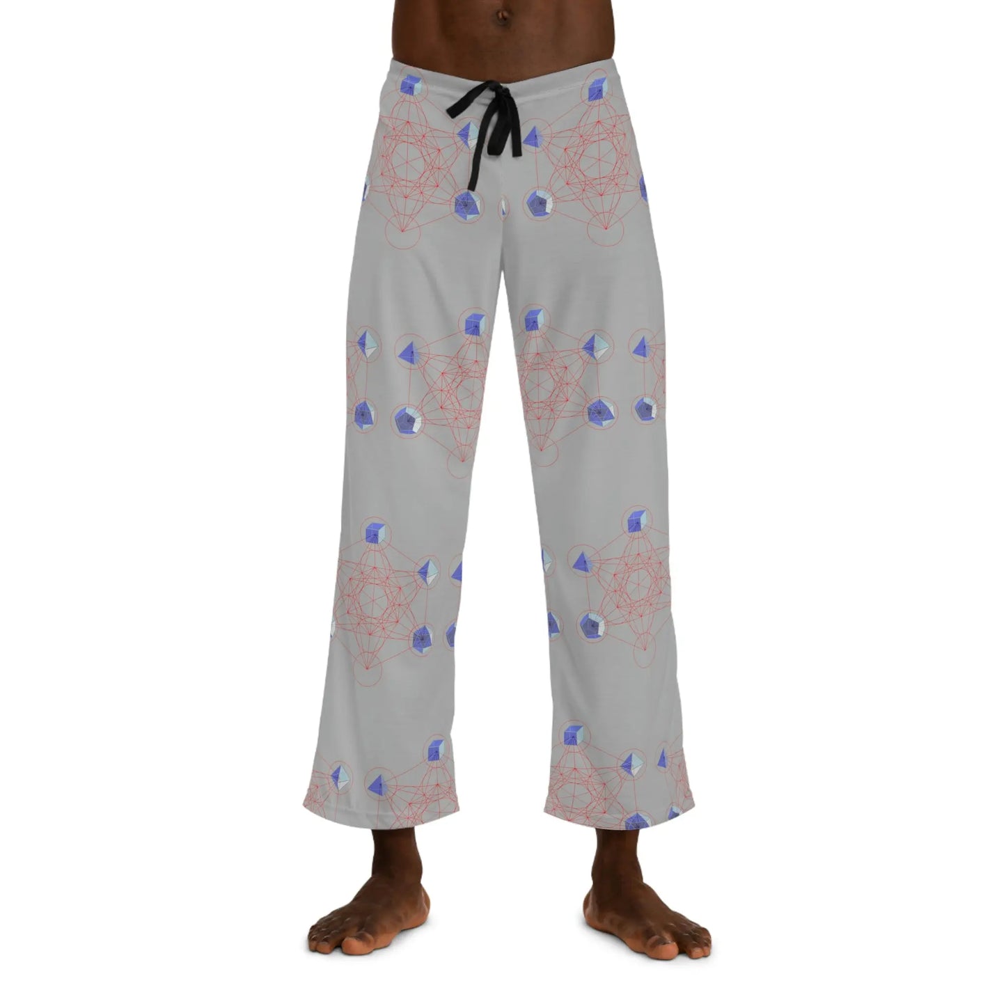 Model wearing the gray Metatron's Cube Pajama Pants to show fit and style.