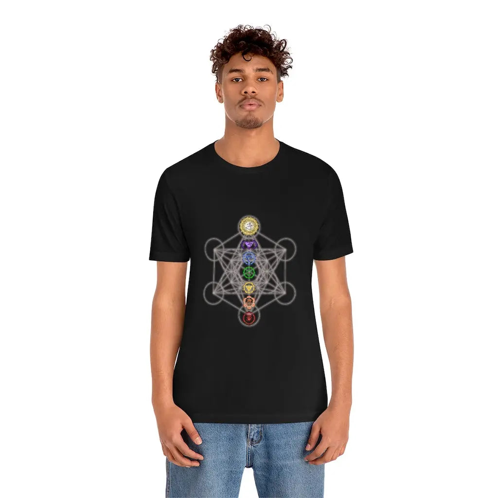 Male model wearing the Metatron's Cube shirt.
