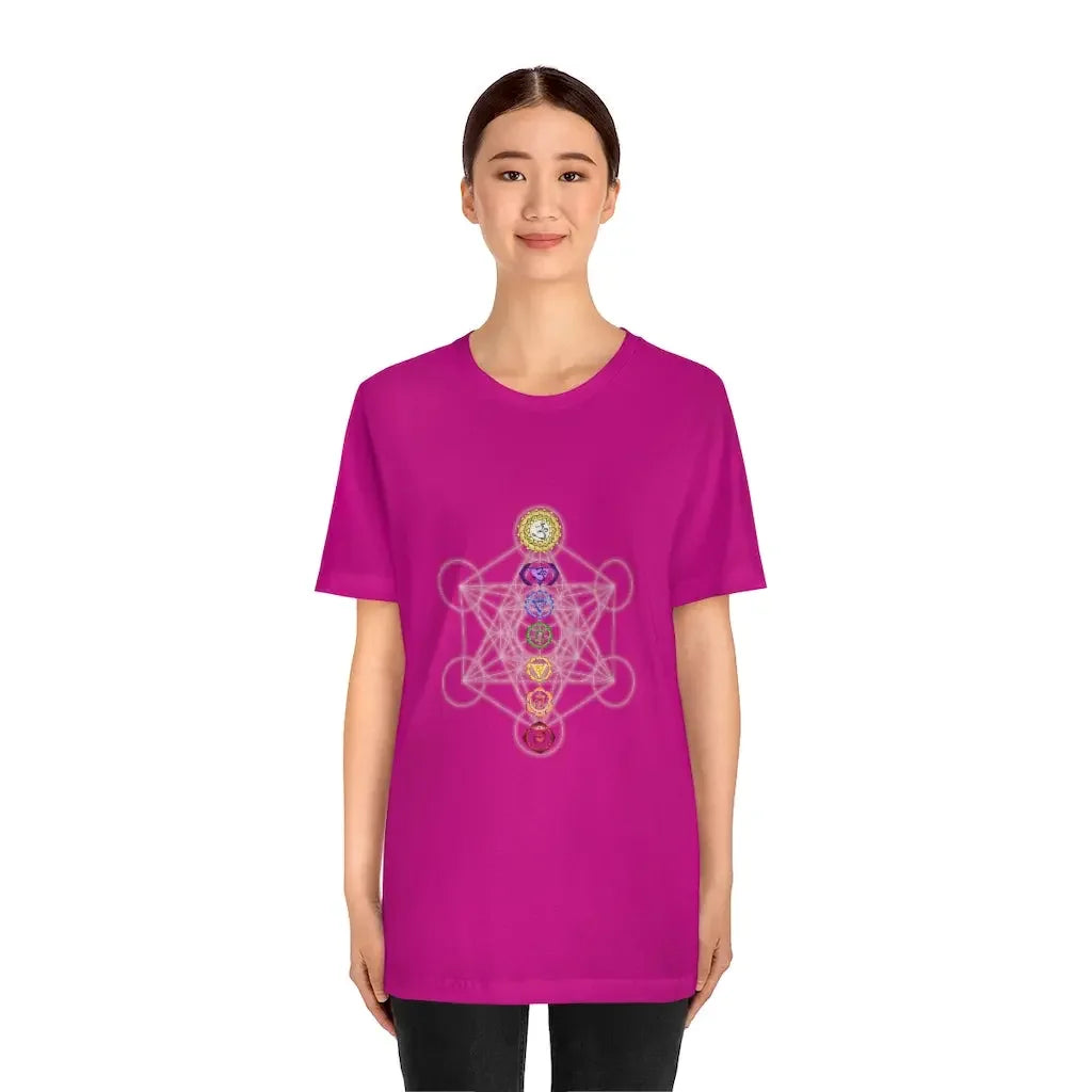 Purple t-shirt with chakra symbols and sacred geometry design for spiritual energy and mindfulness