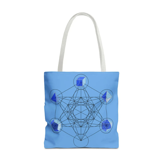 Metatron's Cube Tote Bag - Front view showing the sacred geometry symbol and Platonic solids on a light blue canvas.