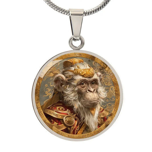 Silver Chinese Zodiac 'Year of the Monkey' Pendant Necklace on a white background.