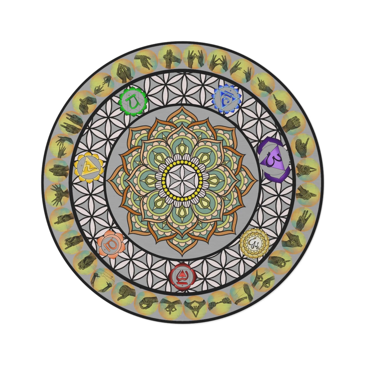 "Mudras & Flower of Life" Round Rug on a white background, showing the full intricate mandala design.