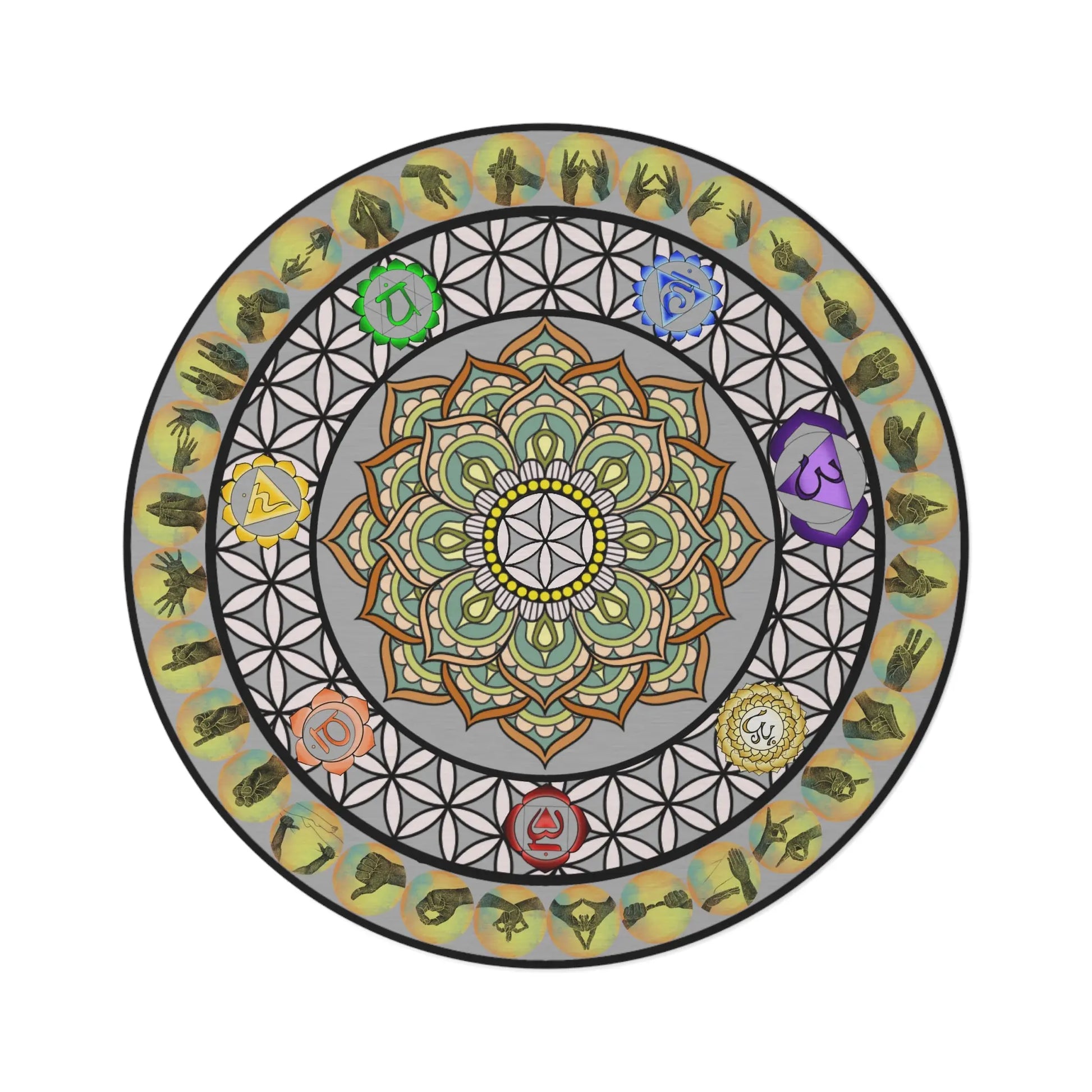 "Mudras & Flower of Life" Round Rug on a white background, showing the full intricate mandala design.
