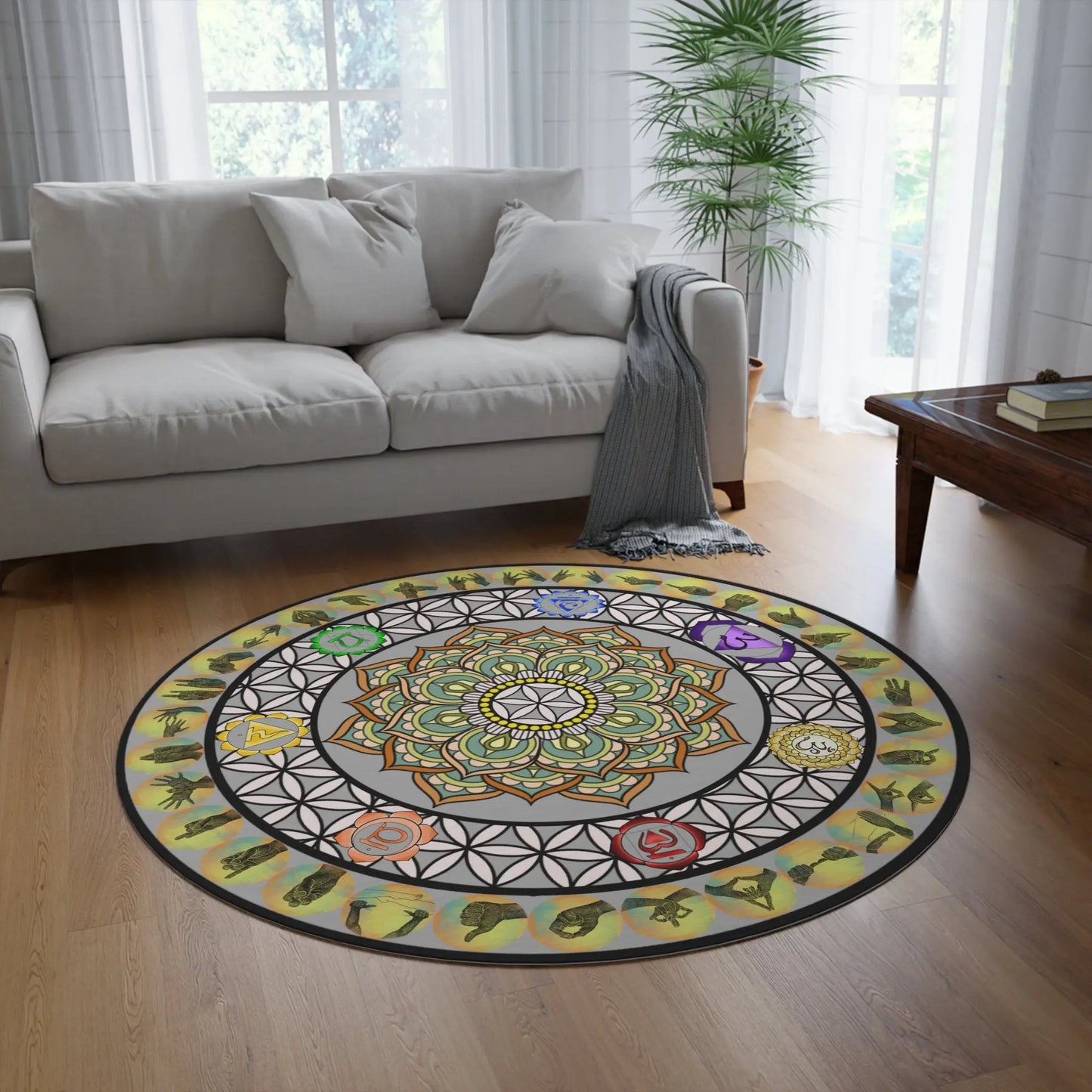 A different living room setting featuring the "Mudras & Flower of Life" Round Rug as a centerpiece.