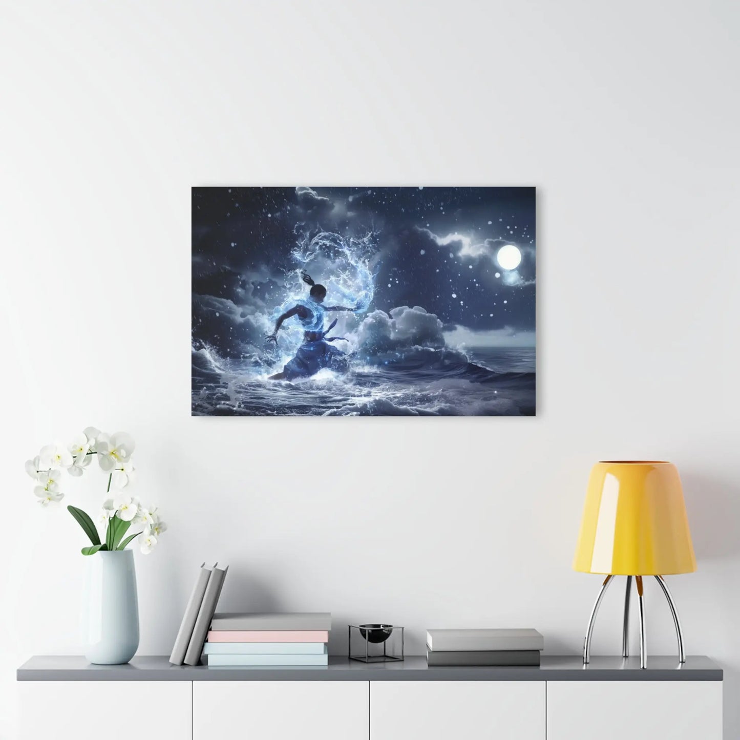 "The Art of Water" Wall Art displayed in a modern living room setting to show scale.