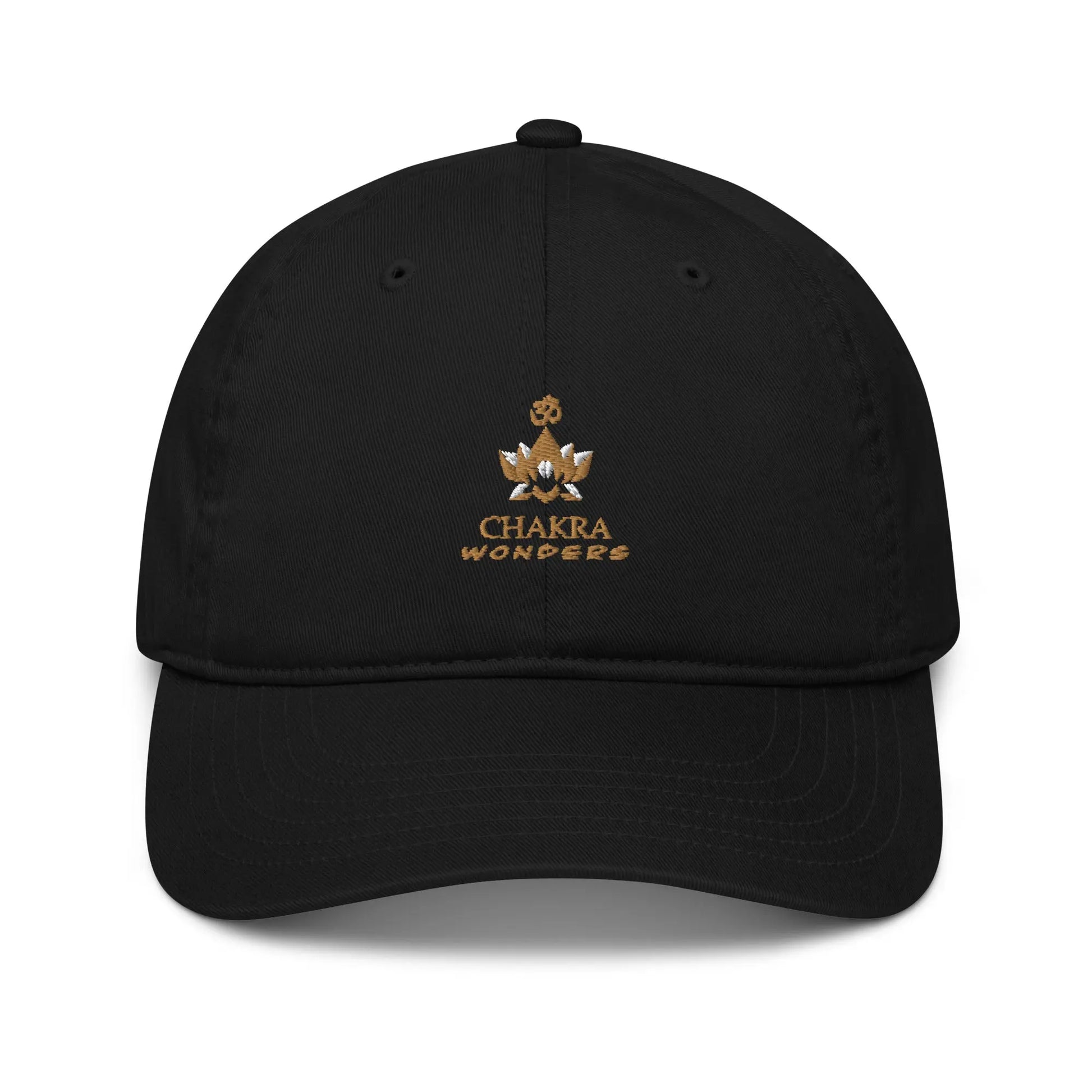 Black Chakra Wonders Logo Baseball Cap - Front view showing the embroidered company logo.