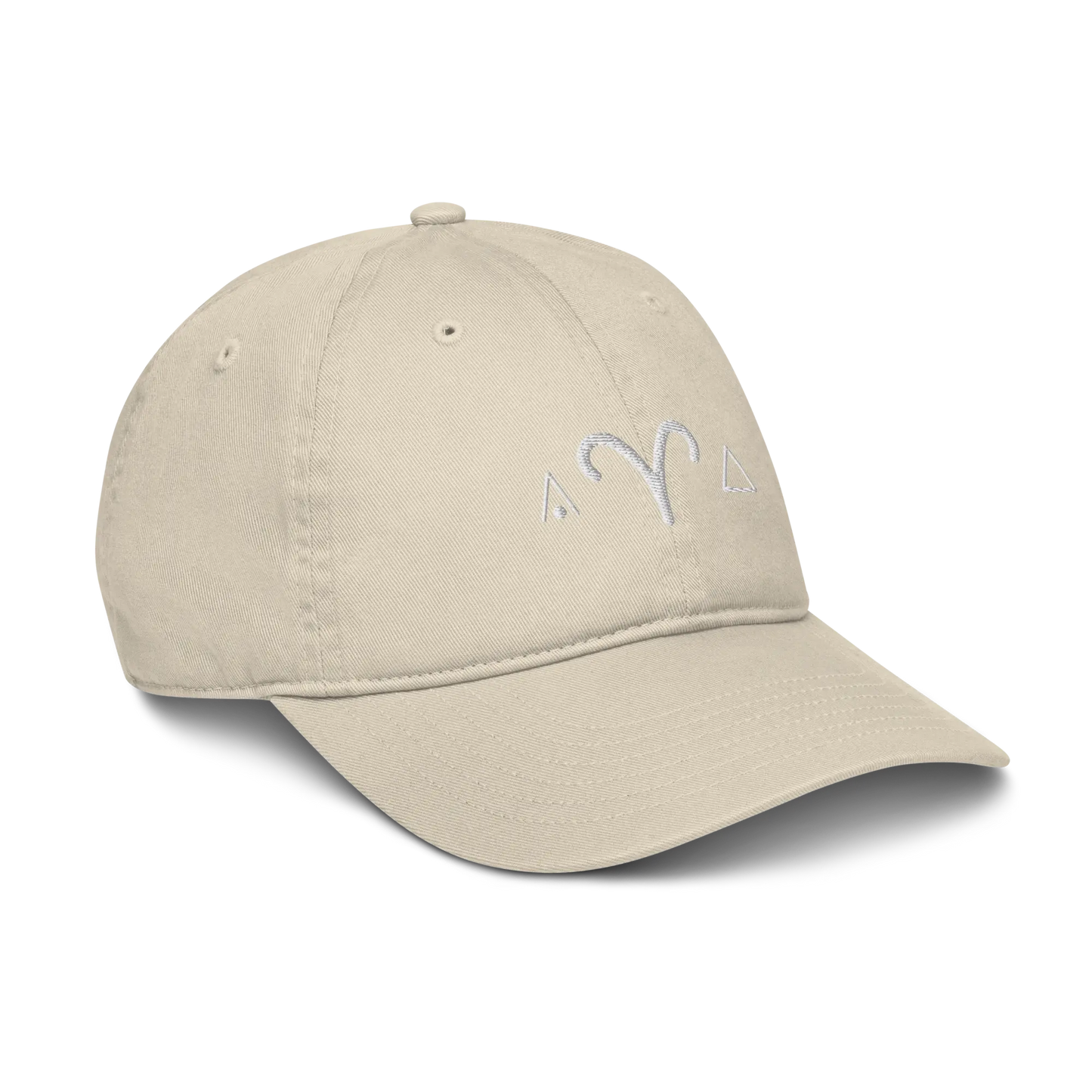 Oyster-colored Aries Zodiac Baseball Cap - Side profile view on a white background.