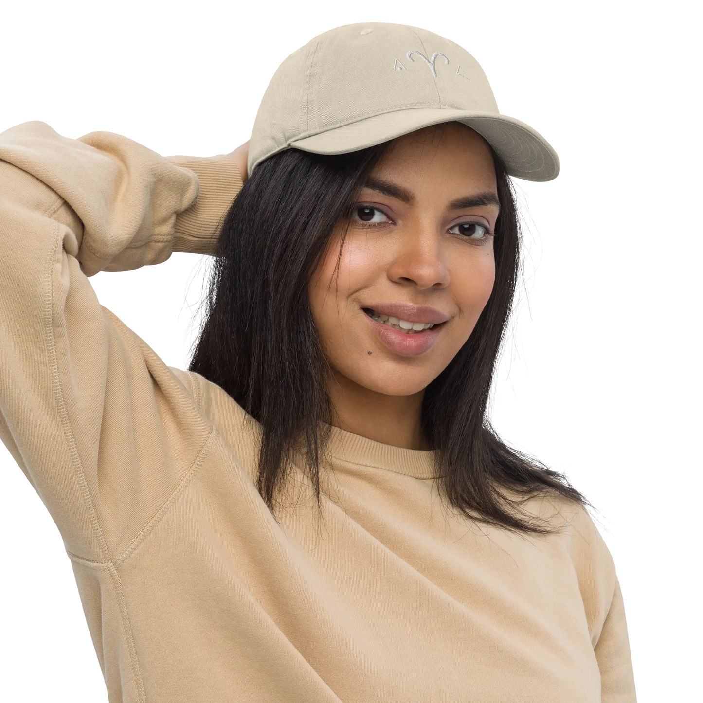 Woman wearing the oyster-colored Aries Zodiac Baseball Cap to show fit and style.