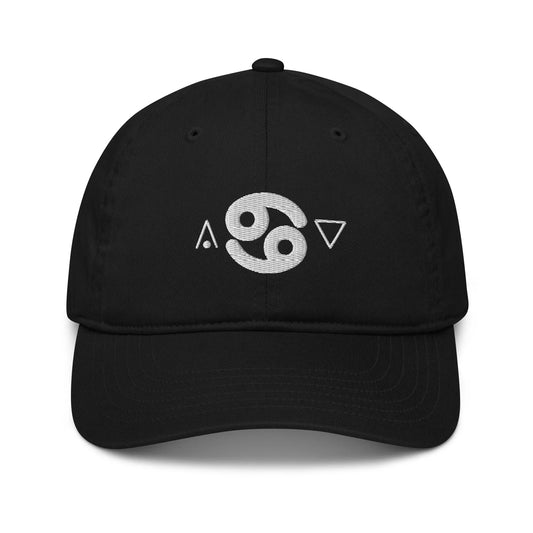 Black Cancer Zodiac Baseball Cap - Front view showing Cardinal, Crab, and Water symbols.