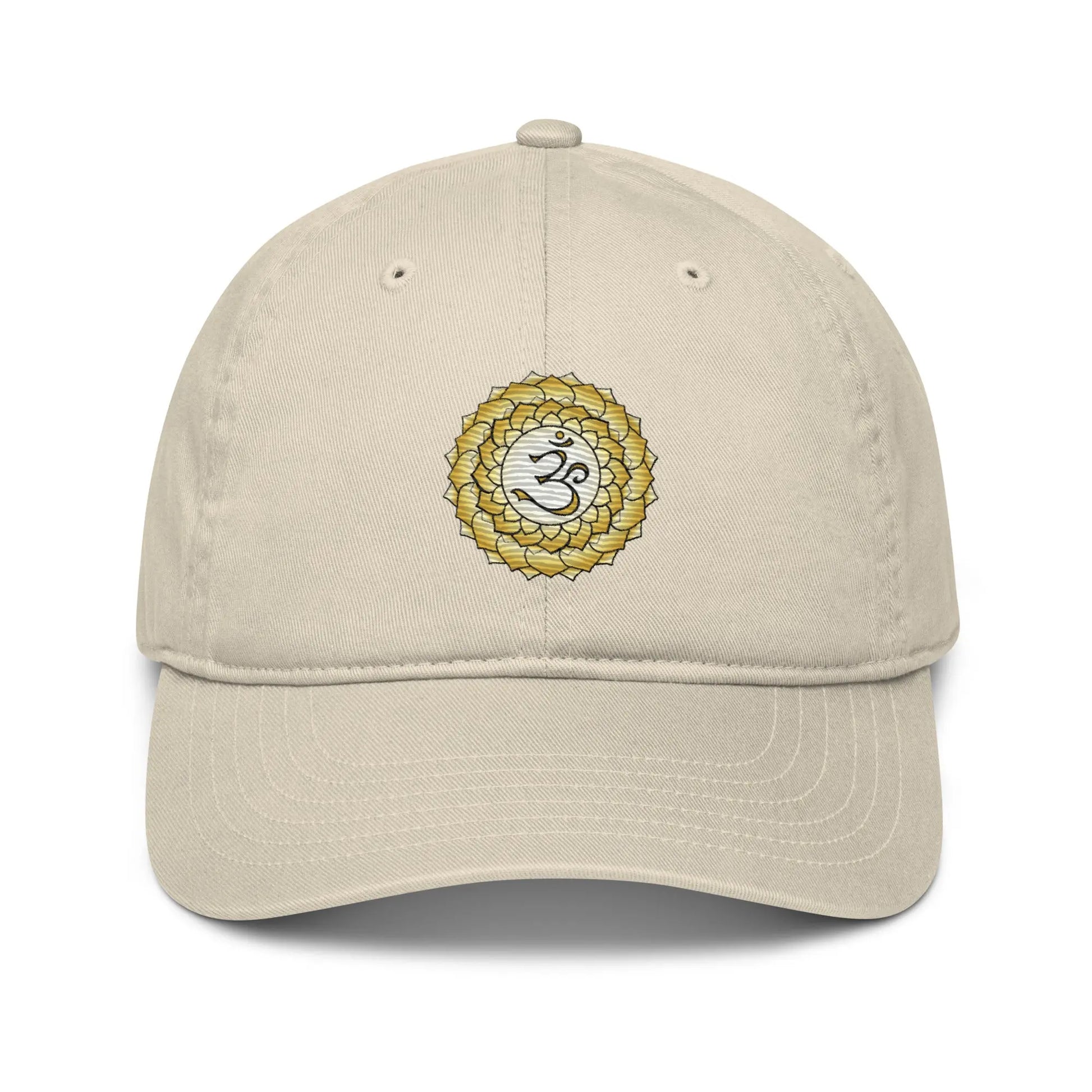 Oyster-colored Crown Chakra Baseball Cap - Front view with the Crown Chakra symbol.