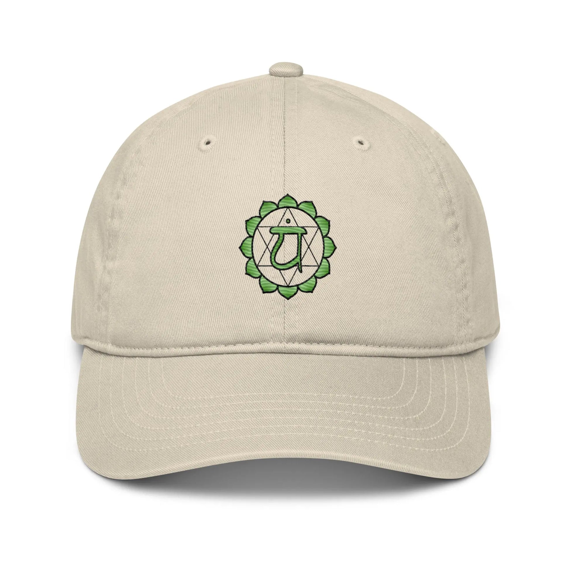 Oyster-colored Heart Chakra Baseball Cap - Front view with the Heart Chakra symbol.