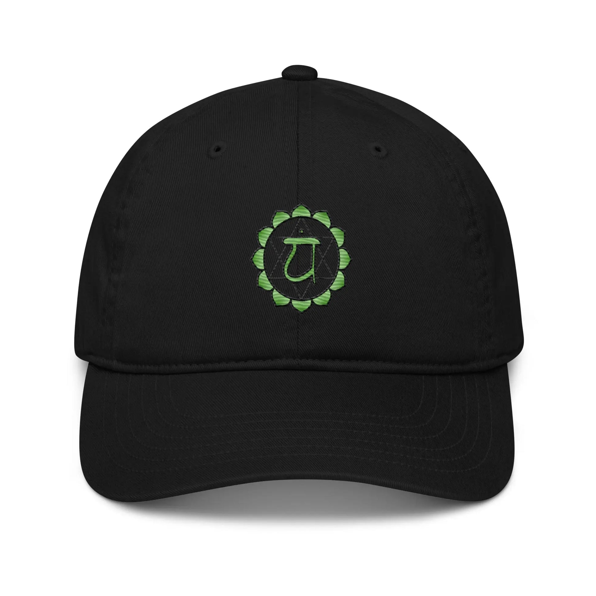 Black Heart Chakra Baseball Cap - Front view showing the Heart Chakra symbol.