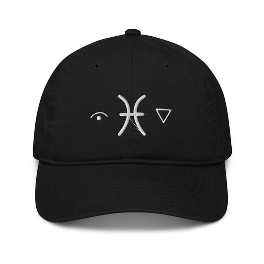 Black Pisces Zodiac Baseball Cap - Front view showing Mutable, Fish, and Water symbols.