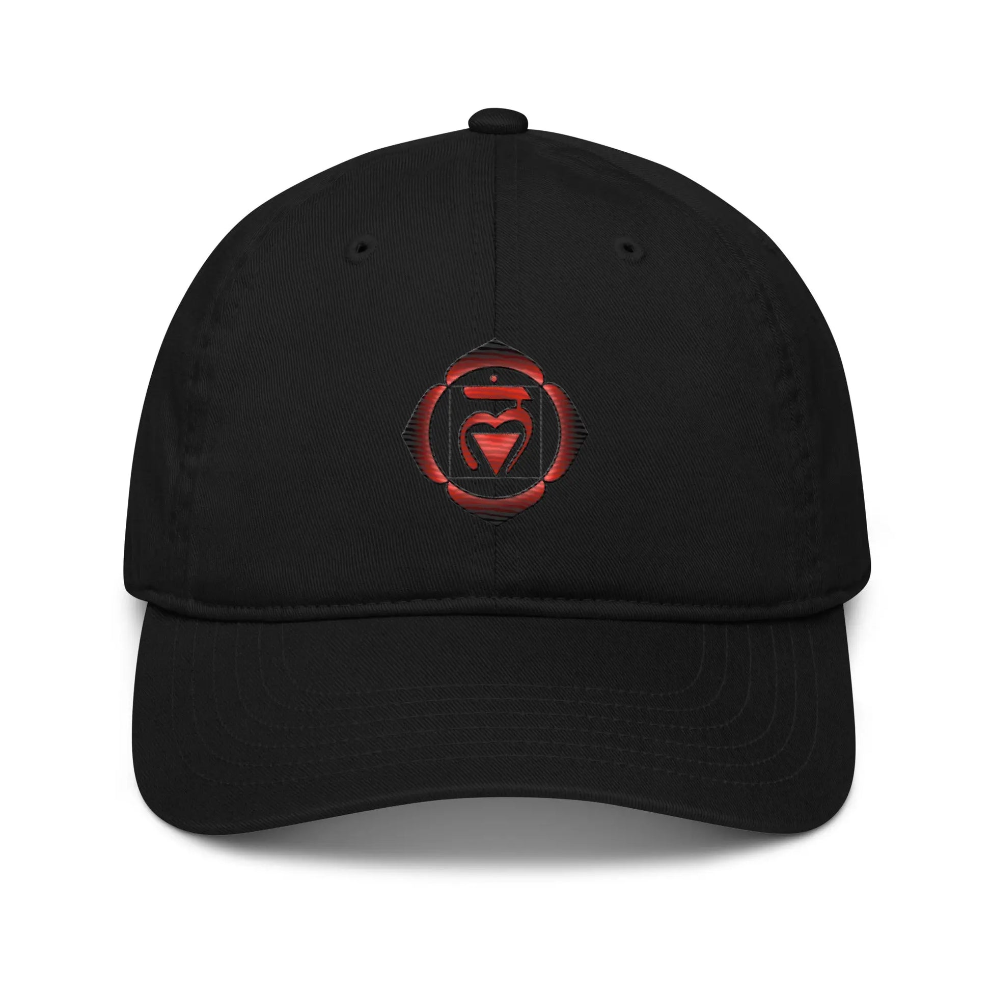 Black Root Chakra Baseball Cap - Front view showing the Root Chakra symbol.
