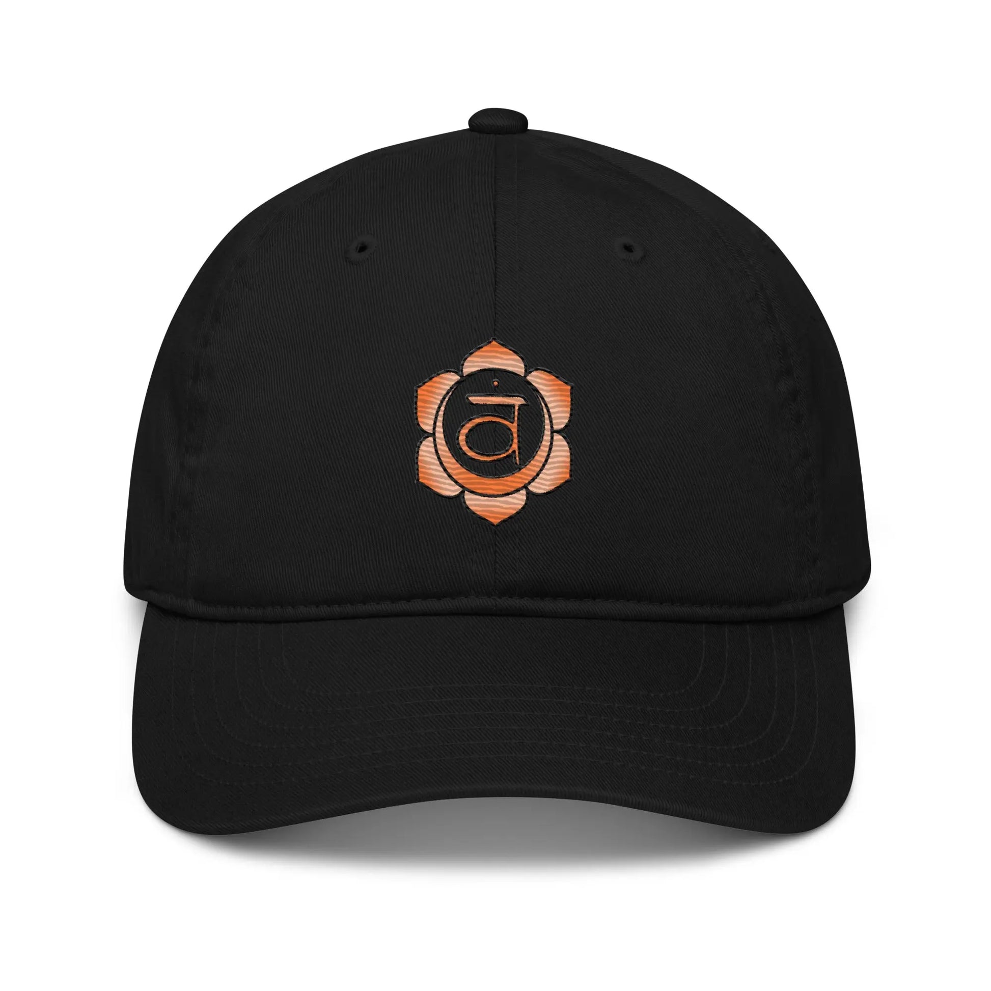 Black Sacral Chakra Baseball Cap - Front view showing the Sacral Chakra symbol.