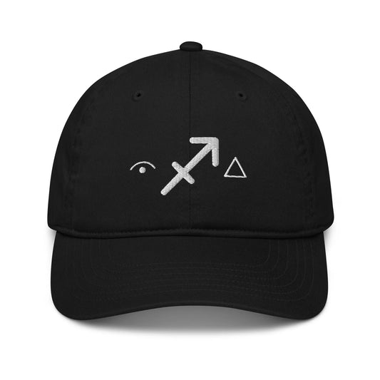 Black Sagittarius Zodiac Baseball Cap - Front view showing Mutable, Archer, and Fire symbols.