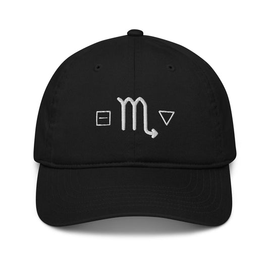 Black Scorpio Zodiac Baseball Cap - Front view showing Fixed, Scorpion, and Water symbols.