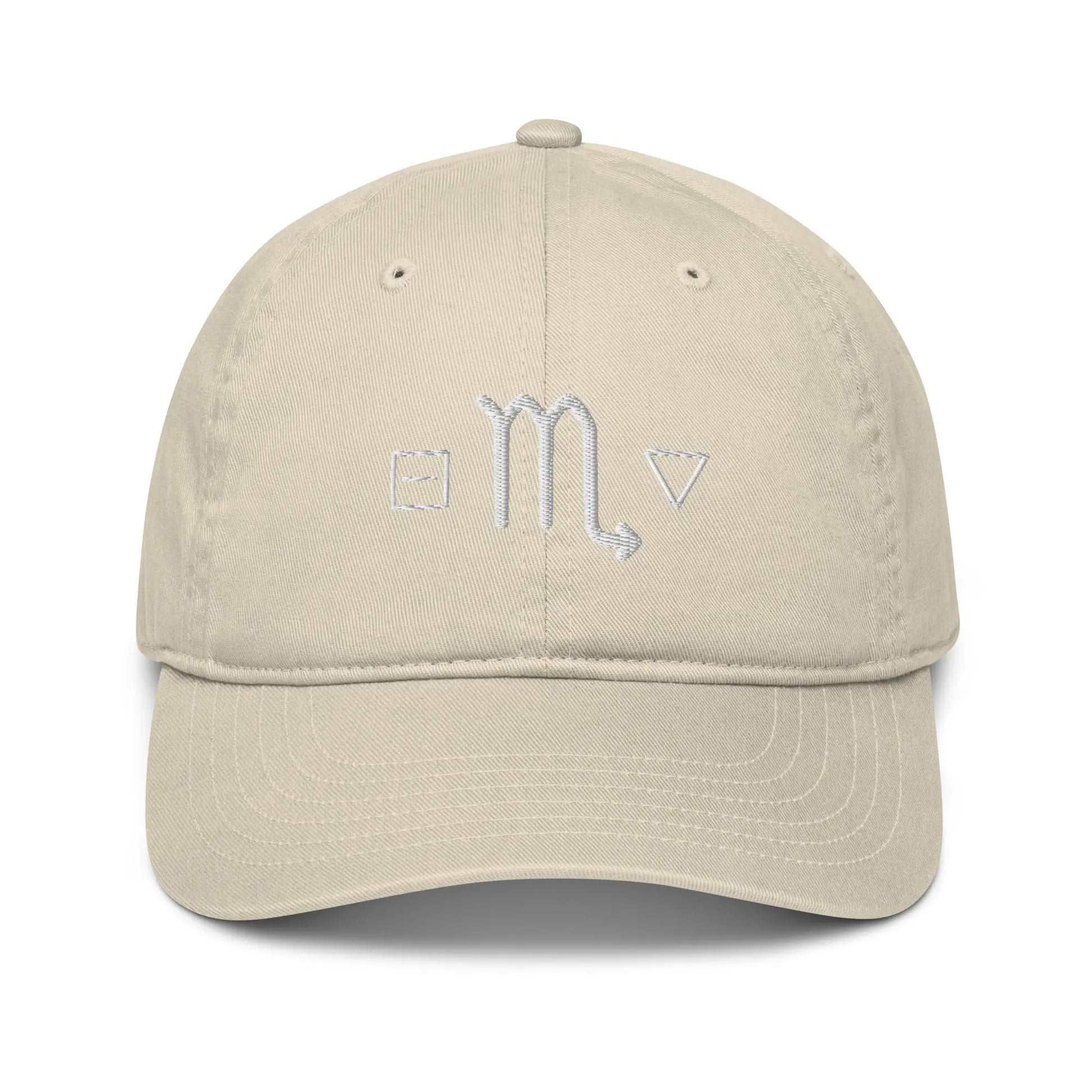 Oyster-colored Scorpio Zodiac Baseball Cap - Front view with Fixed, Scorpion, and Water symbols.