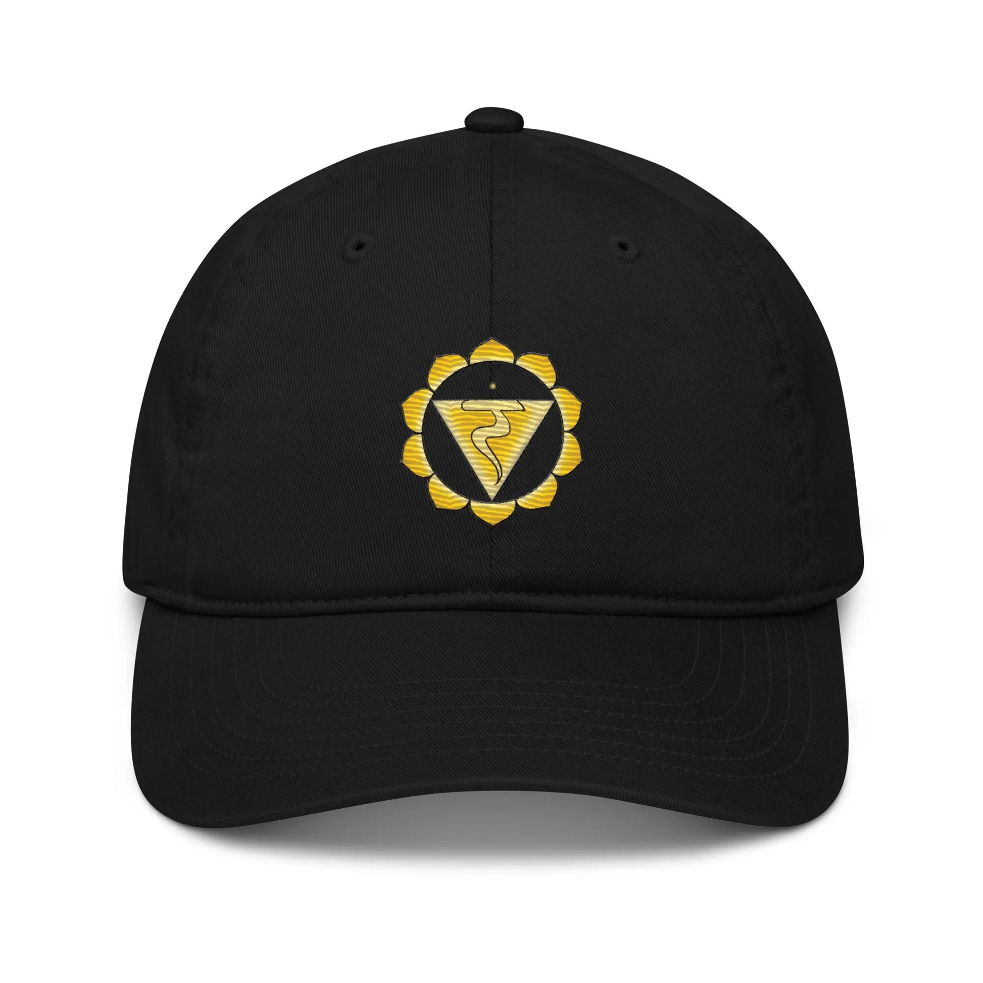 Black Solar Plexus Chakra Baseball Cap - Front view showing the Solar Plexus Chakra symbol.