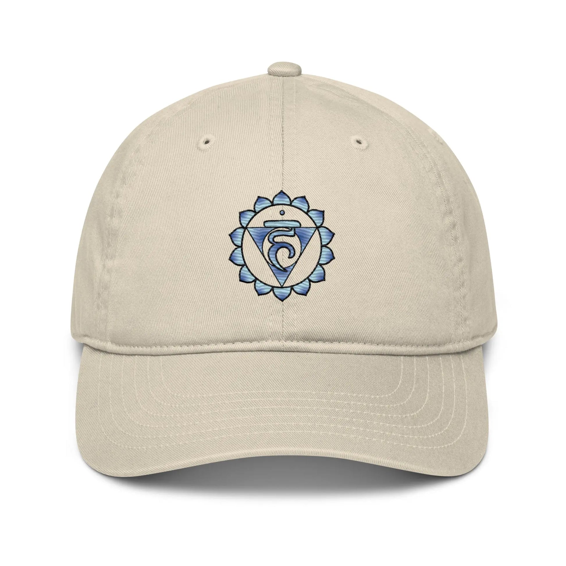 Oyster-colored Throat Chakra Baseball Cap - Front view with the Throat Chakra symbol.