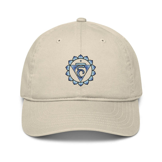 Oyster-colored Throat Chakra Baseball Cap - Front view with the Throat Chakra symbol.