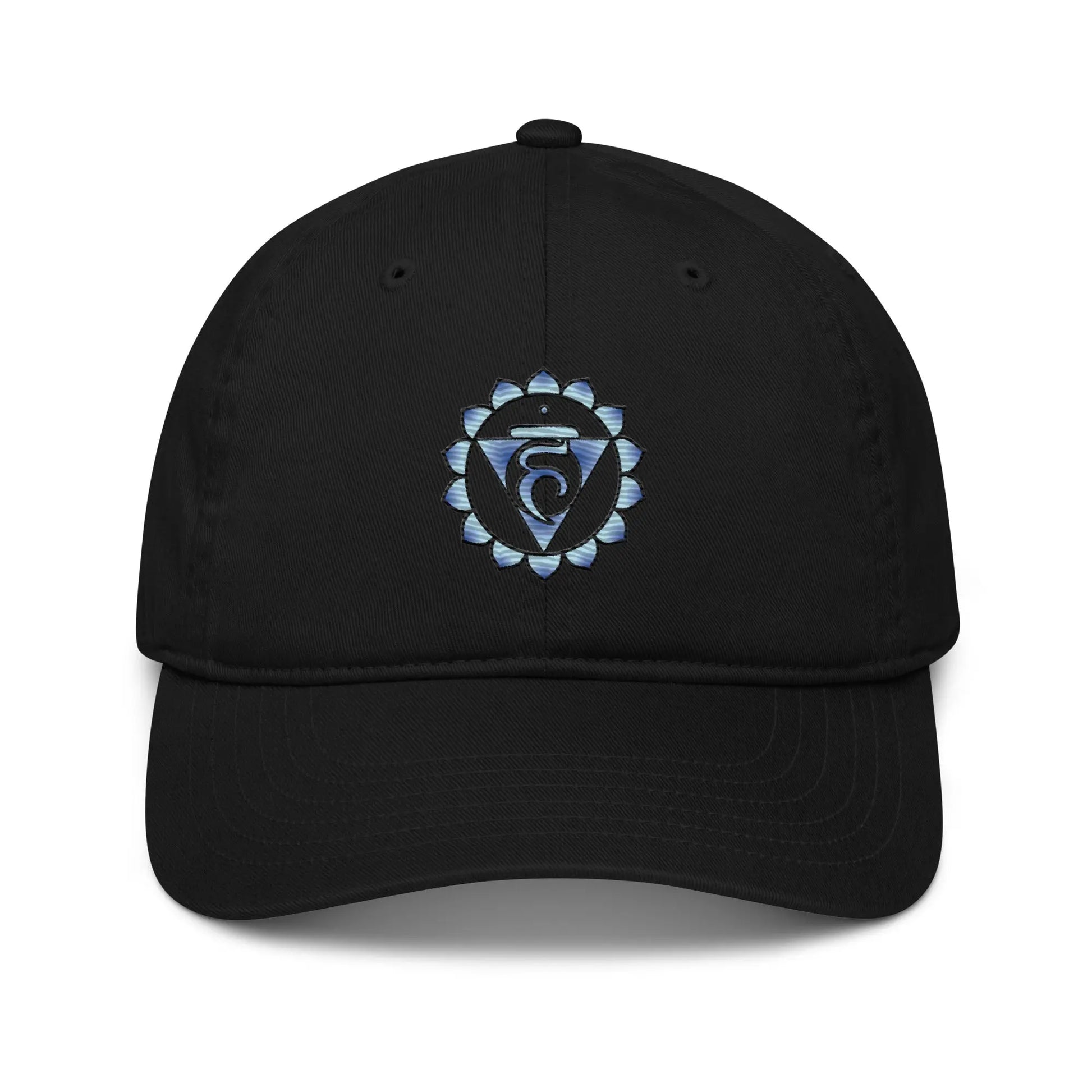 Black Throat Chakra Baseball Cap - Front view showing the Throat Chakra symbol.