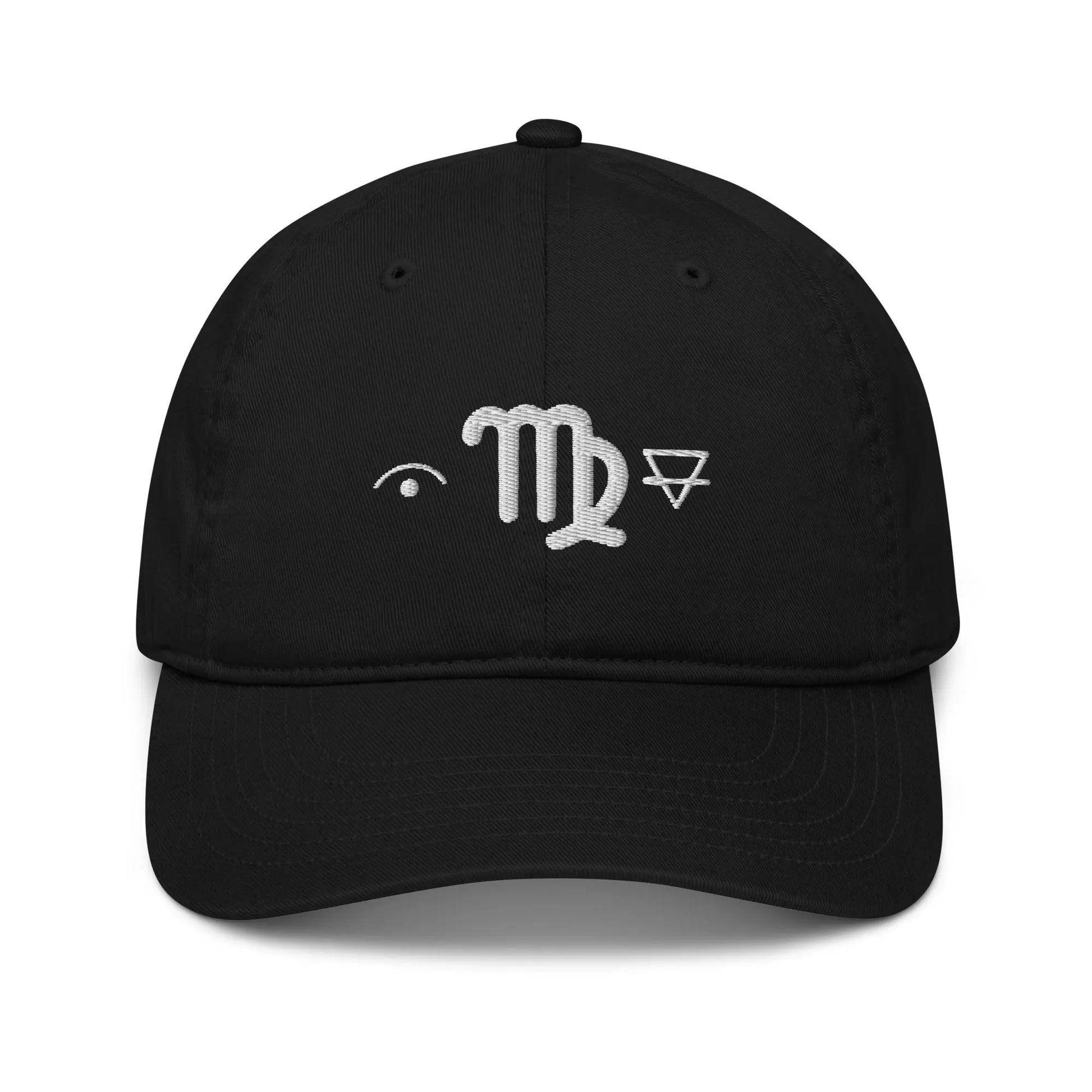 Black Virgo Zodiac Baseball Cap - Front view showing Mutable, Maiden, and Earth symbols.
