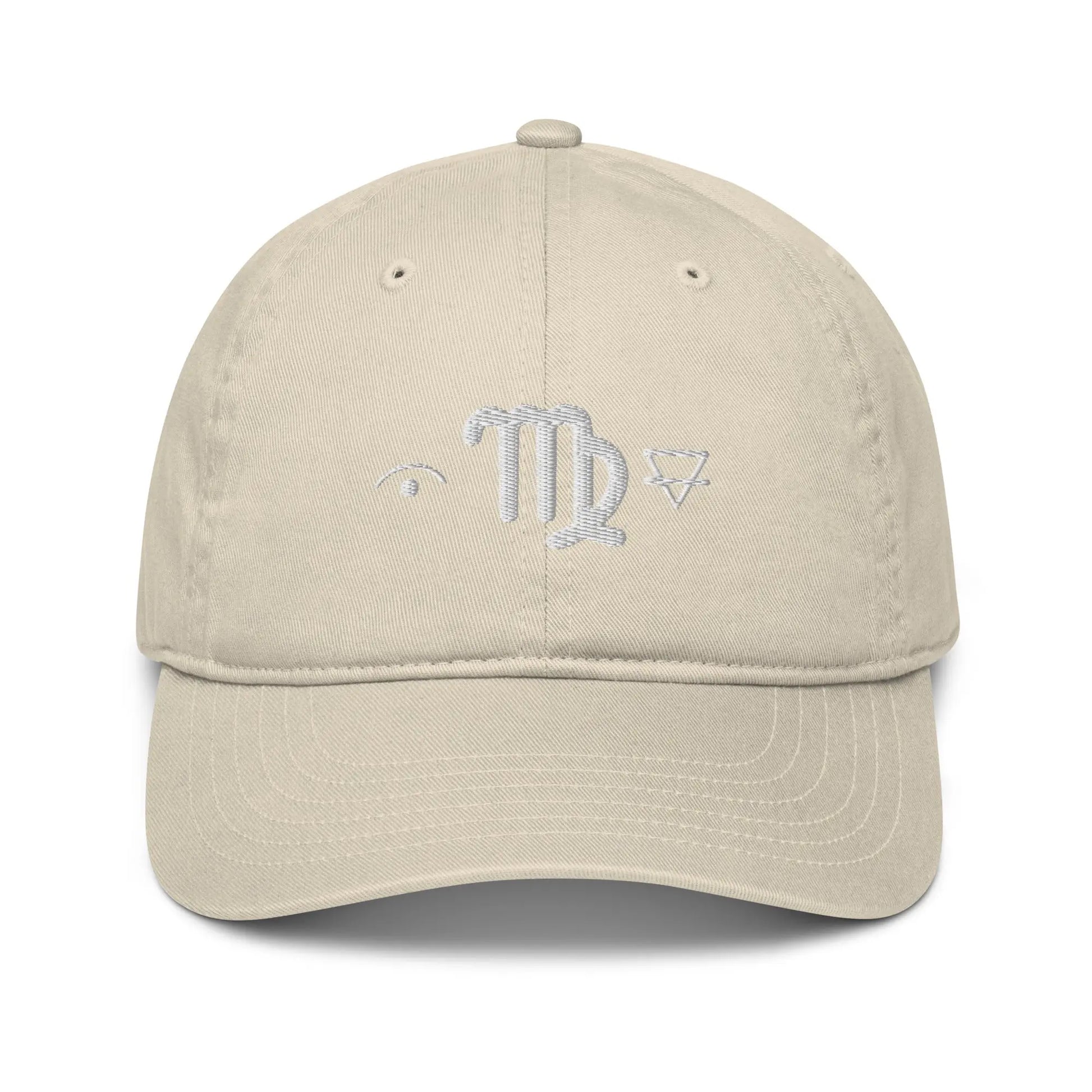 Oyster-colored Virgo Zodiac Baseball Cap - Front view with Mutable, Maiden, and Earth symbols.