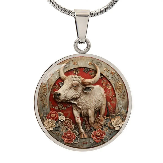 Silver Chinese Zodiac 'Year of the Ox' Pendant Necklace on a white background.