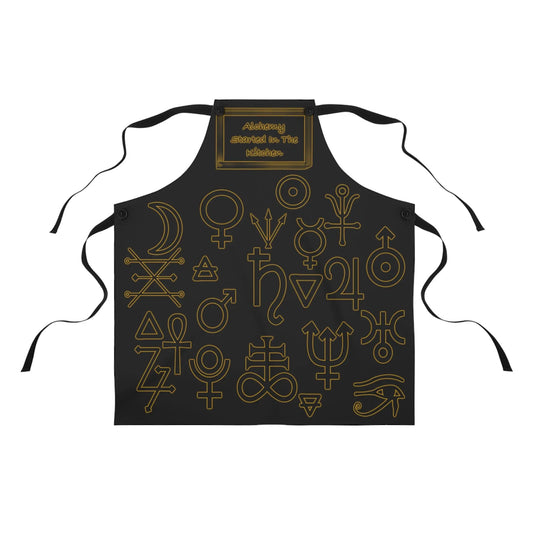 "The Philosopher's" Alchemist Cooking Apron - Full view of the alchemical symbols design on a white background.