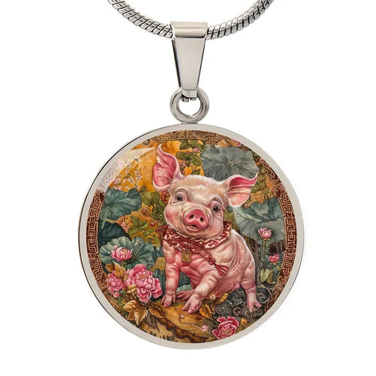 Silver Chinese Zodiac 'Year of the Pig' Pendant Necklace on a white background.