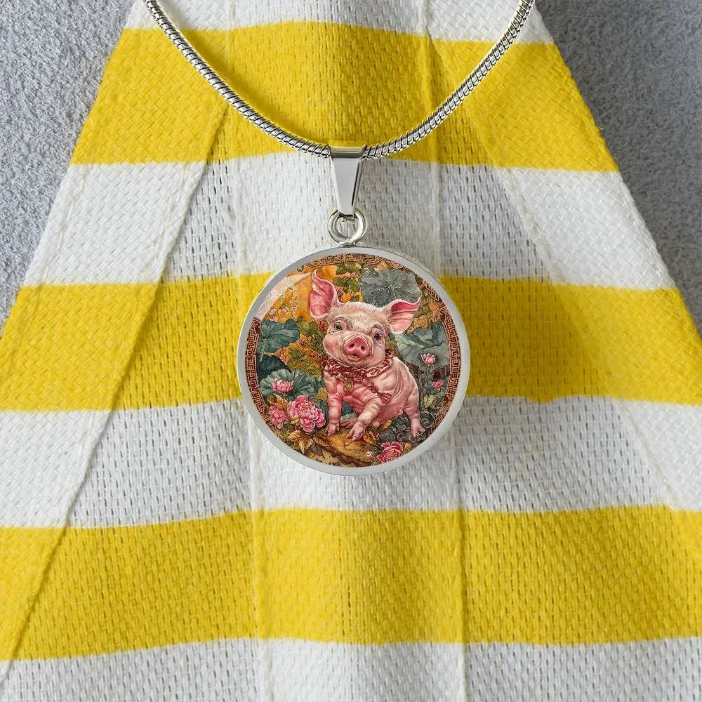 Silver 'Year of the Pig' Necklace shown in a lifestyle setting.