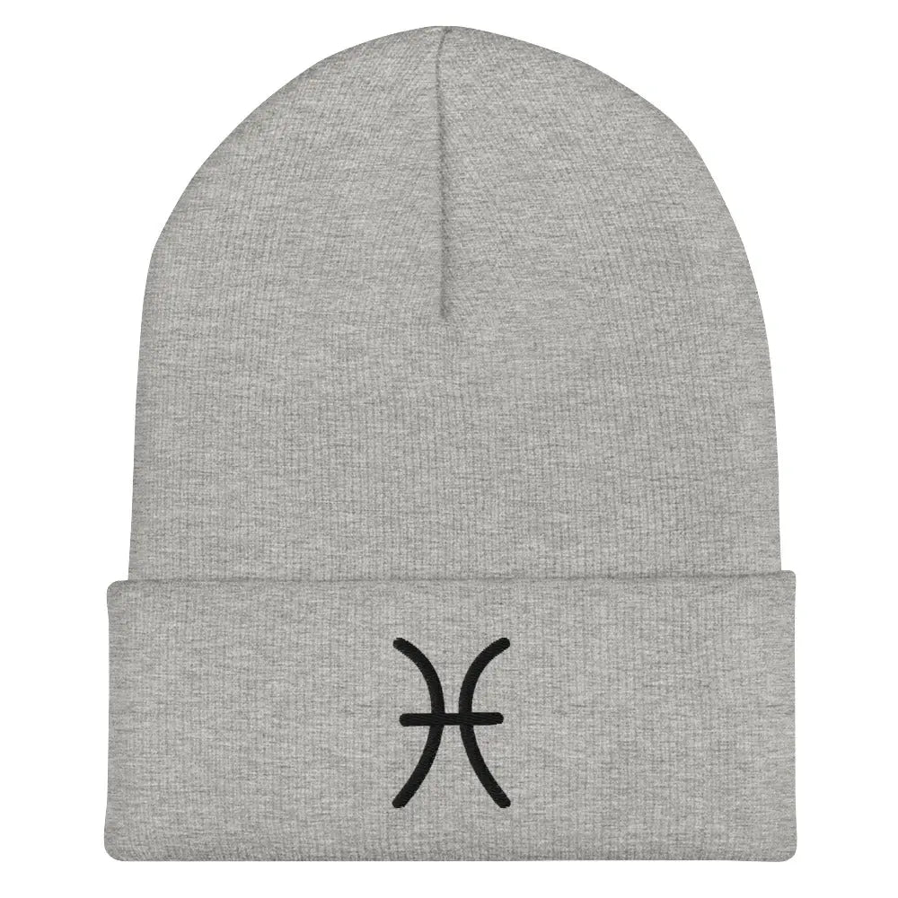 Gray Pisces Zodiac Beanie - Front view of embroidered knit hat.