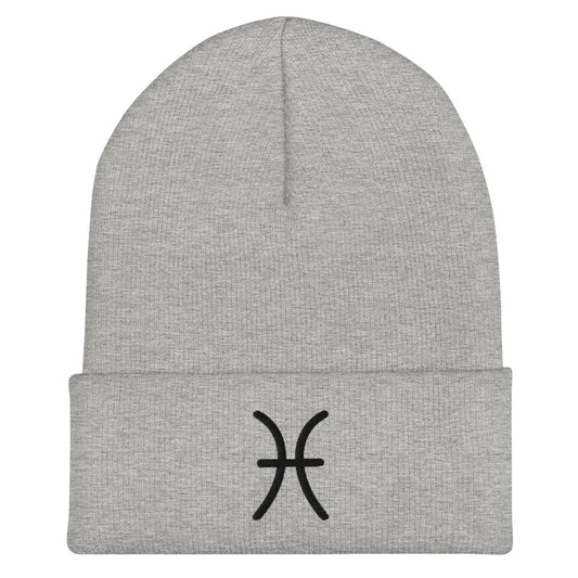 Gray Pisces Zodiac Beanie - Front view of embroidered knit hat.