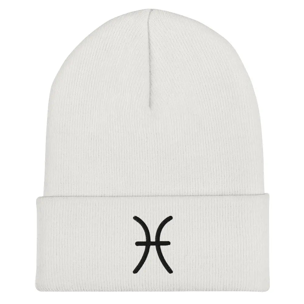 White Pisces Zodiac Beanie - Front view of embroidered knit hat.