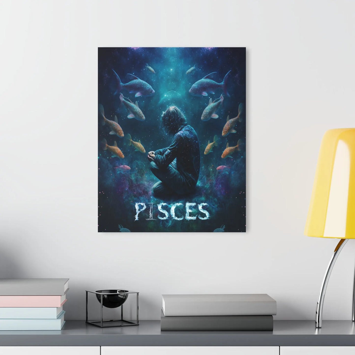 Masculine Pisces Wall Art displayed in a modern living room setting to show scale.